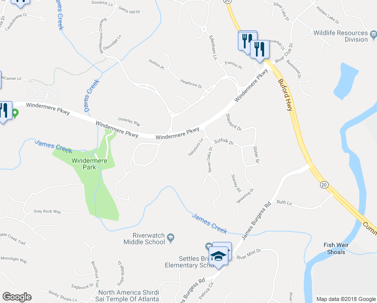 map of restaurants, bars, coffee shops, grocery stores, and more near 3060 Salisbury Lane in Cumming