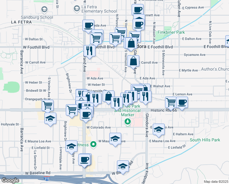 map of restaurants, bars, coffee shops, grocery stores, and more near 354 South Pennsylvania Avenue in Glendora
