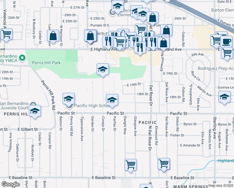 map of restaurants, bars, coffee shops, grocery stores, and more near 6776 Dwight Way in San Bernardino