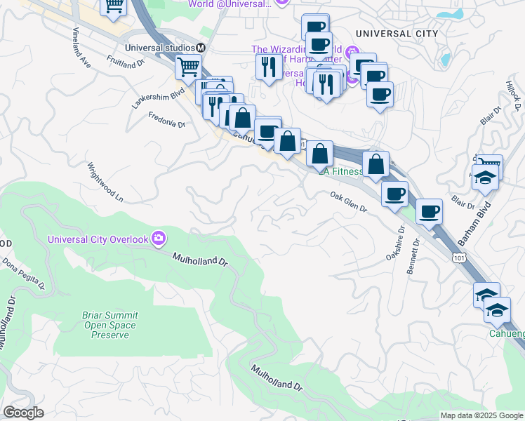 map of restaurants, bars, coffee shops, grocery stores, and more near 3720 Broadlawn Drive in Los Angeles