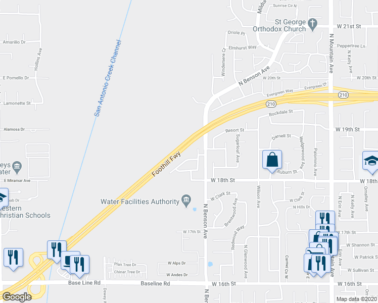 map of restaurants, bars, coffee shops, grocery stores, and more near 1855 Millsweet Drive North in Upland