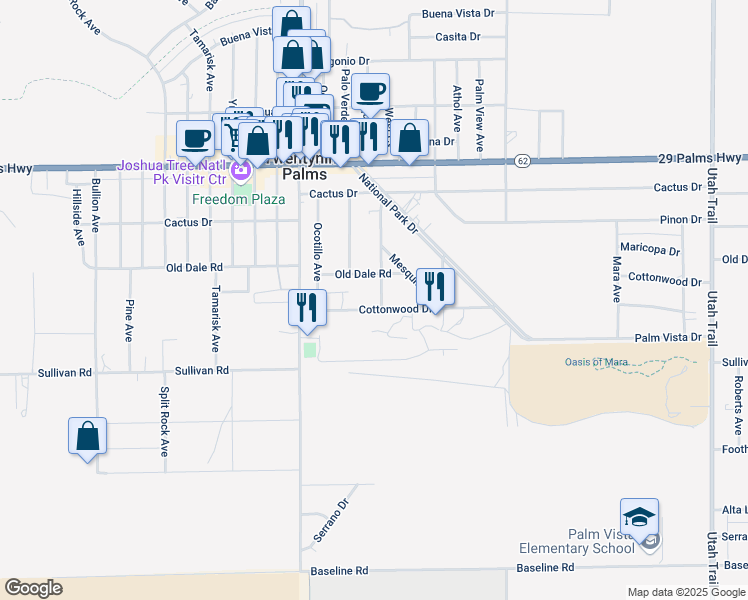 map of restaurants, bars, coffee shops, grocery stores, and more near Cottonwood Drive in Twentynine Palms