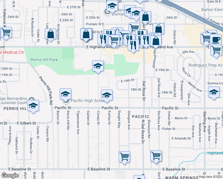 map of restaurants, bars, coffee shops, grocery stores, and more near 1721 North Fairfax Drive in San Bernardino