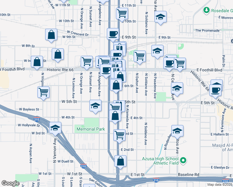 map of restaurants, bars, coffee shops, grocery stores, and more near 532 North Azusa Avenue in Azusa