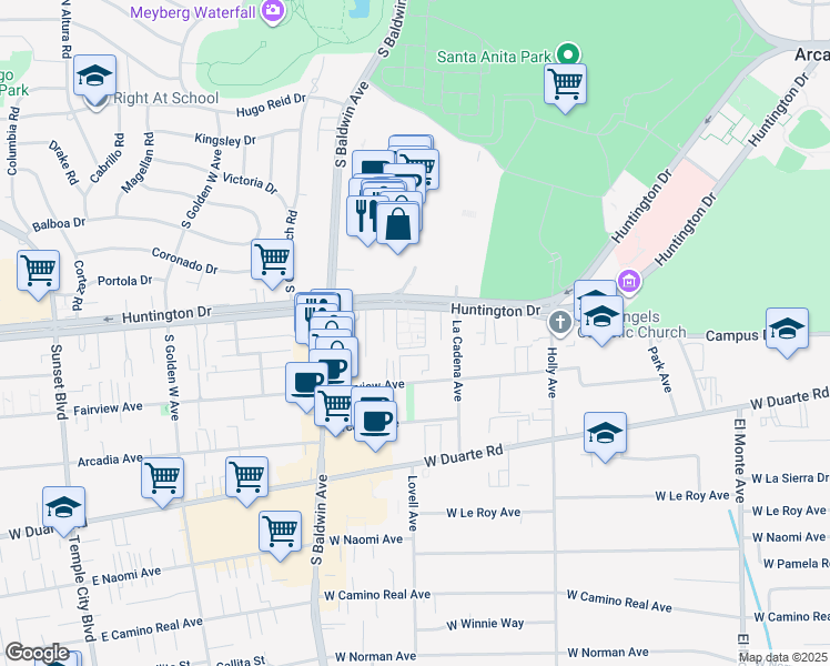 map of restaurants, bars, coffee shops, grocery stores, and more near 582 West Huntington Drive in Arcadia