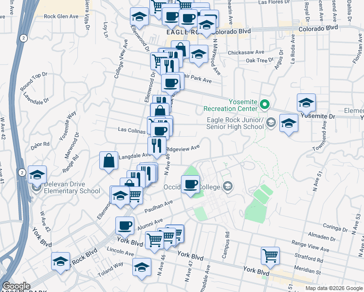 map of restaurants, bars, coffee shops, grocery stores, and more near 2161 Ridgeview Avenue in Los Angeles