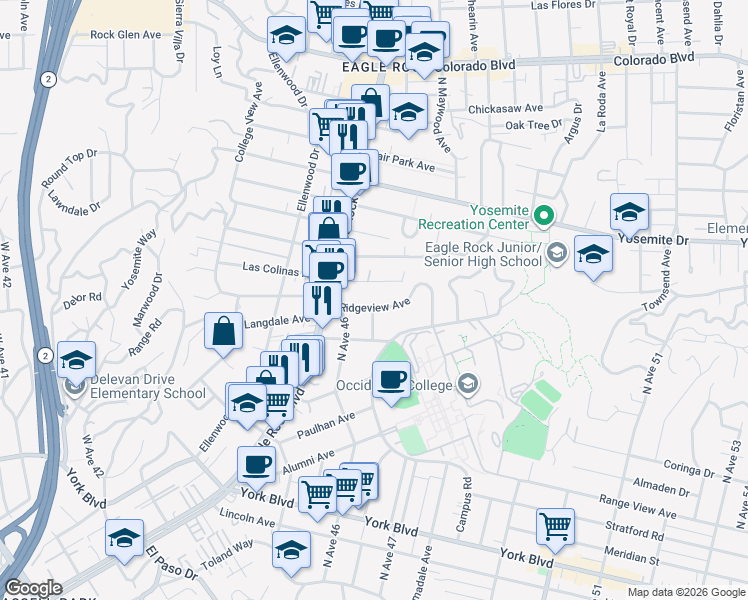map of restaurants, bars, coffee shops, grocery stores, and more near 2215 Ridgeview Avenue in Los Angeles
