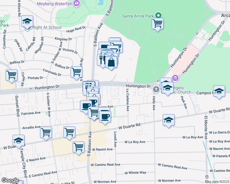 map of restaurants, bars, coffee shops, grocery stores, and more near 588 West Huntington Drive in Arcadia