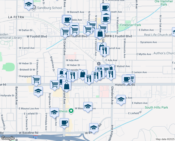 map of restaurants, bars, coffee shops, grocery stores, and more near 354 South Pennsylvania Avenue in Glendora
