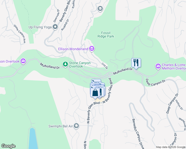 map of restaurants, bars, coffee shops, grocery stores, and more near 14315 Mulholland Drive in Los Angeles