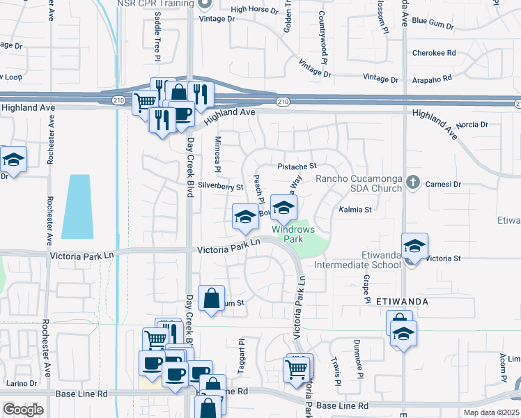map of restaurants, bars, coffee shops, grocery stores, and more near 12455 Foxglove Court in Rancho Cucamonga