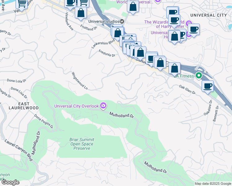 map of restaurants, bars, coffee shops, grocery stores, and more near 3575 Multiview Drive in Los Angeles