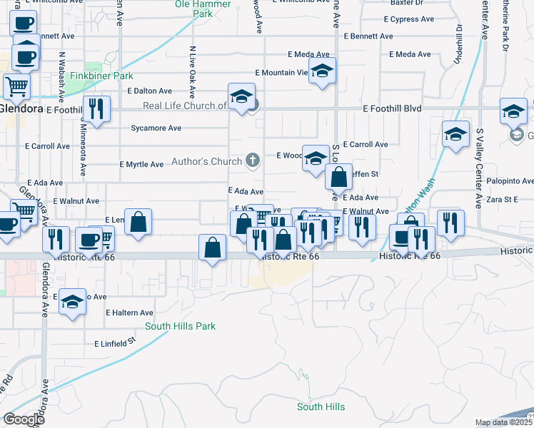 map of restaurants, bars, coffee shops, grocery stores, and more near 360 South Elwood Avenue in Glendora