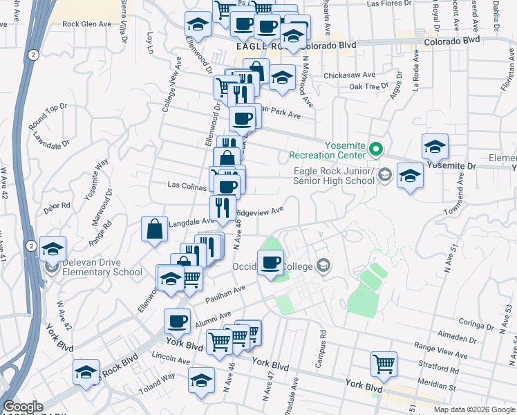 map of restaurants, bars, coffee shops, grocery stores, and more near 2161 Ridgeview Avenue in Los Angeles