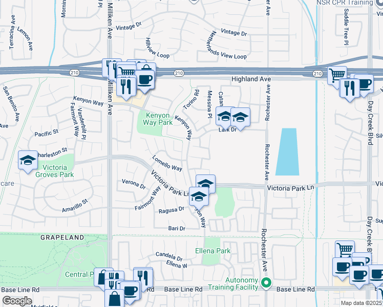 map of restaurants, bars, coffee shops, grocery stores, and more near 11607 Sienna Drive in Rancho Cucamonga