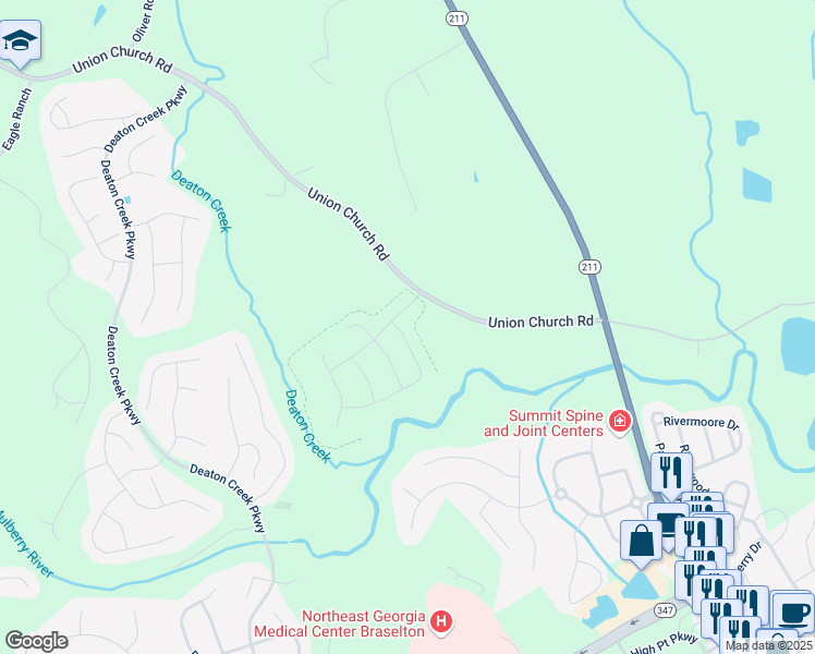 map of restaurants, bars, coffee shops, grocery stores, and more near 5812 Hackberry Lane in Braselton