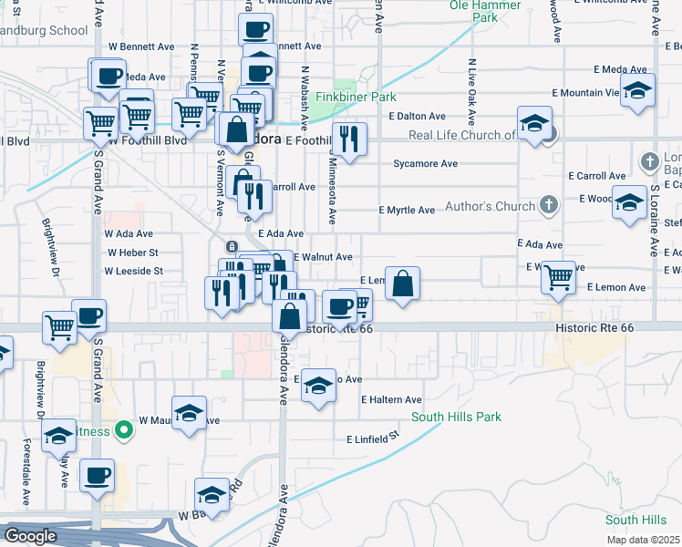 map of restaurants, bars, coffee shops, grocery stores, and more near 430 South Minnesota Avenue in Glendora