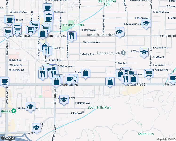 map of restaurants, bars, coffee shops, grocery stores, and more near 561 East Lemon Avenue in Glendora