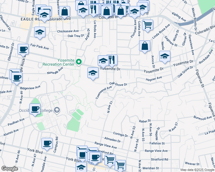 map of restaurants, bars, coffee shops, grocery stores, and more near 1628 Oak Grove Drive in Los Angeles