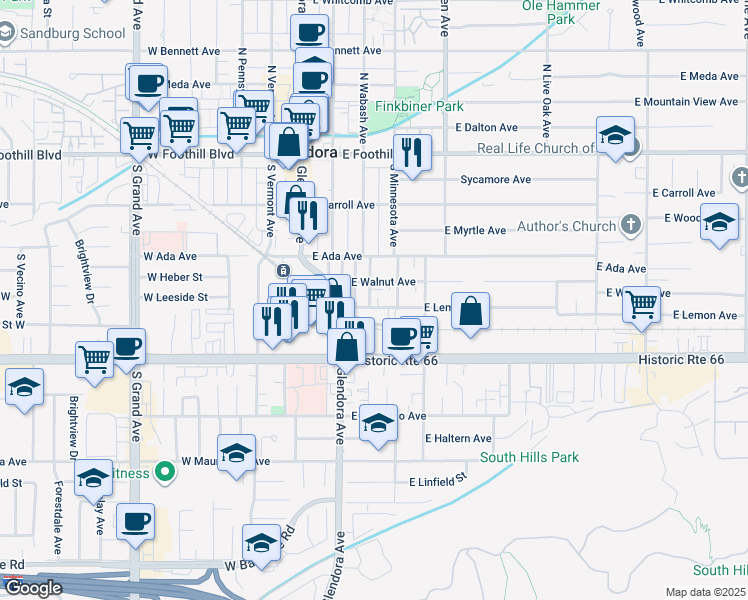 map of restaurants, bars, coffee shops, grocery stores, and more near 424 South Wabash Avenue in Glendora