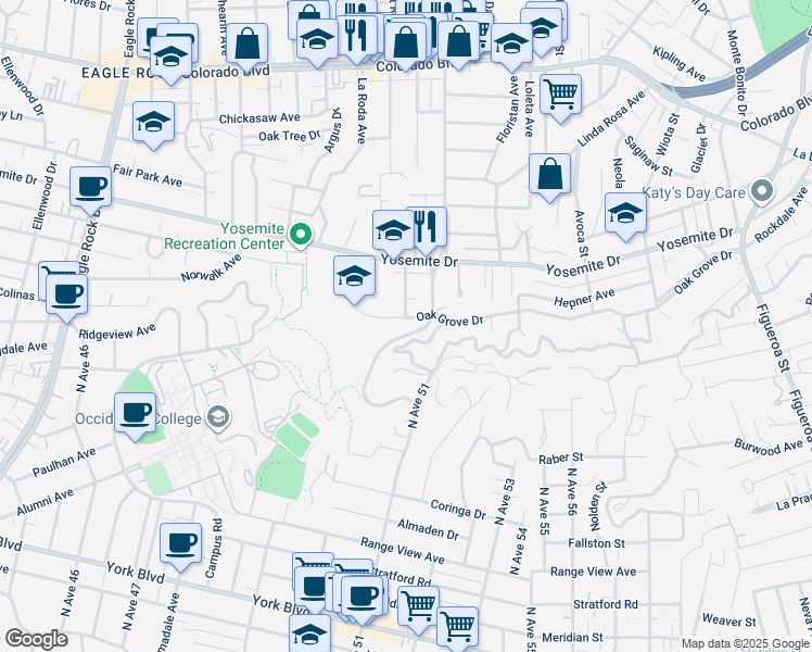 map of restaurants, bars, coffee shops, grocery stores, and more near 1632 Oak Grove Drive in Los Angeles