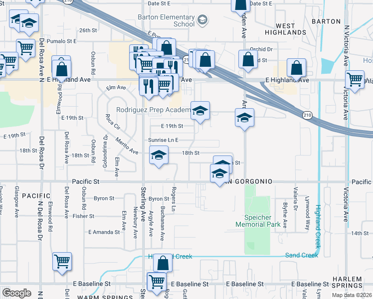 map of restaurants, bars, coffee shops, grocery stores, and more near 25866 18th Street in San Bernardino