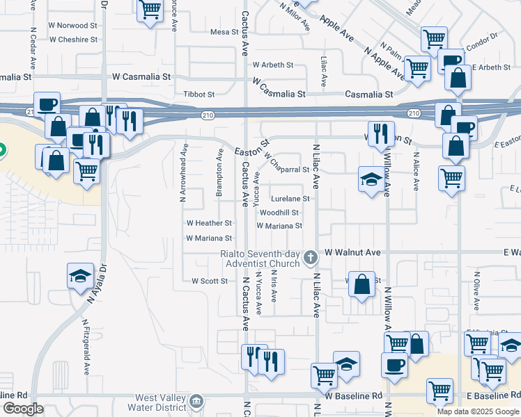 map of restaurants, bars, coffee shops, grocery stores, and more near 19340 Woodhill Street in Rialto