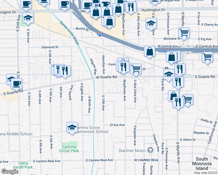 map of restaurants, bars, coffee shops, grocery stores, and more near 537 El Norte Avenue in Monrovia