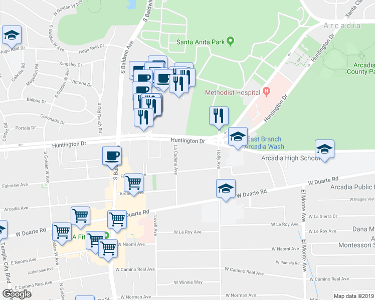 map of restaurants, bars, coffee shops, grocery stores, and more near 452 West Huntington Drive in Arcadia