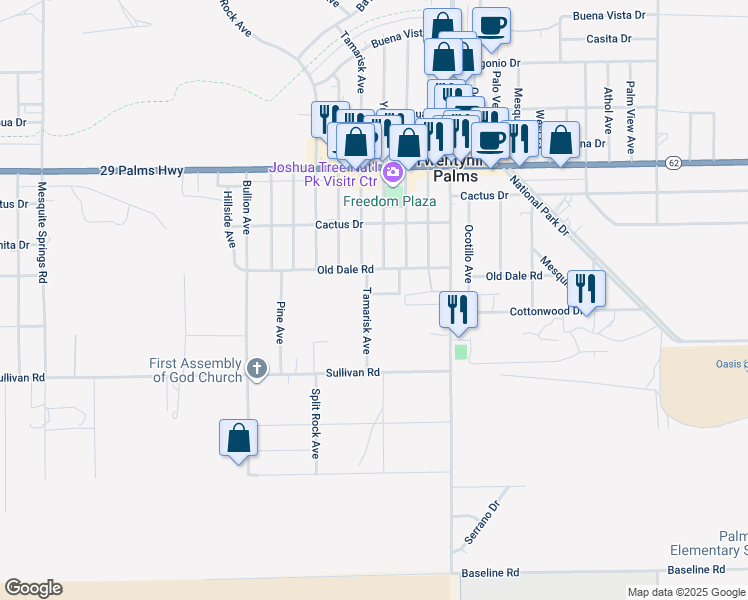map of restaurants, bars, coffee shops, grocery stores, and more near 73555 Cedar Drive in Twentynine Palms