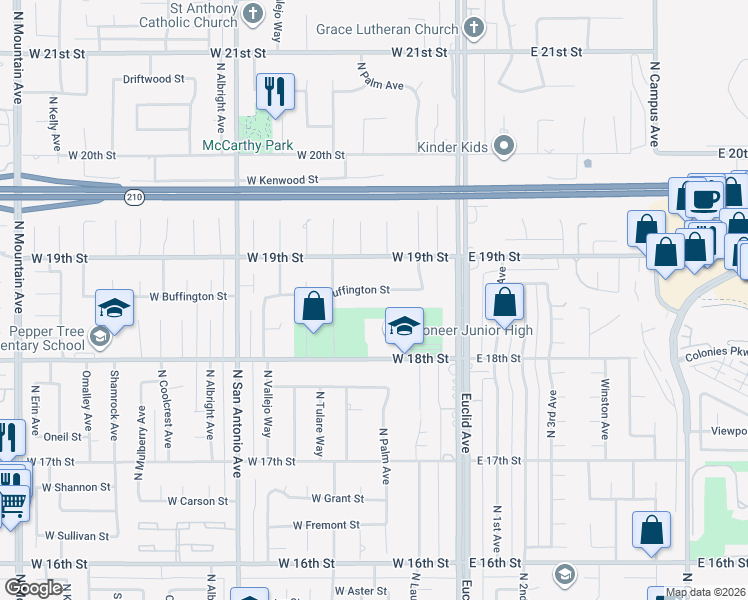 map of restaurants, bars, coffee shops, grocery stores, and more near 294 West Buffington Street in Upland