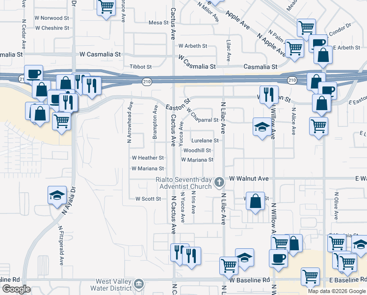 map of restaurants, bars, coffee shops, grocery stores, and more near 19340 Woodhill Street in Rialto
