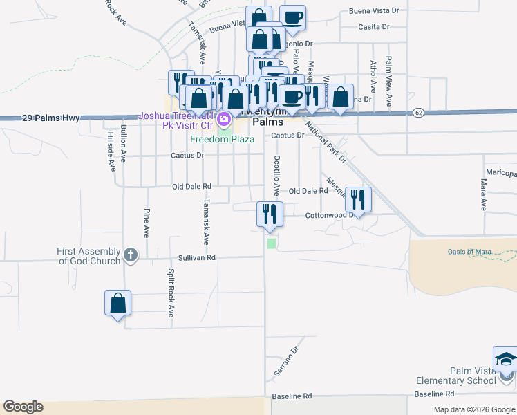 map of restaurants, bars, coffee shops, grocery stores, and more near 6780 Adobe Rd in Twentynine Palms