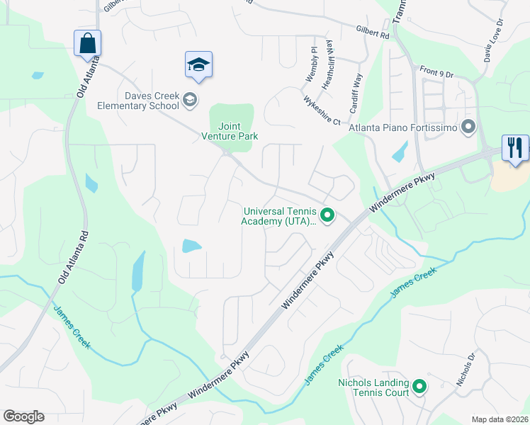 map of restaurants, bars, coffee shops, grocery stores, and more near 4460 Avondale Lane in Cumming