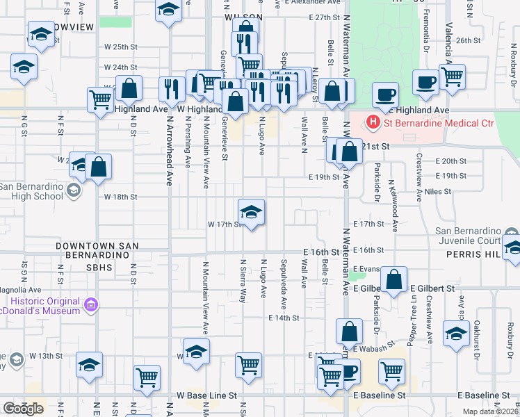 map of restaurants, bars, coffee shops, grocery stores, and more near 1762 North Lugo Avenue in San Bernardino