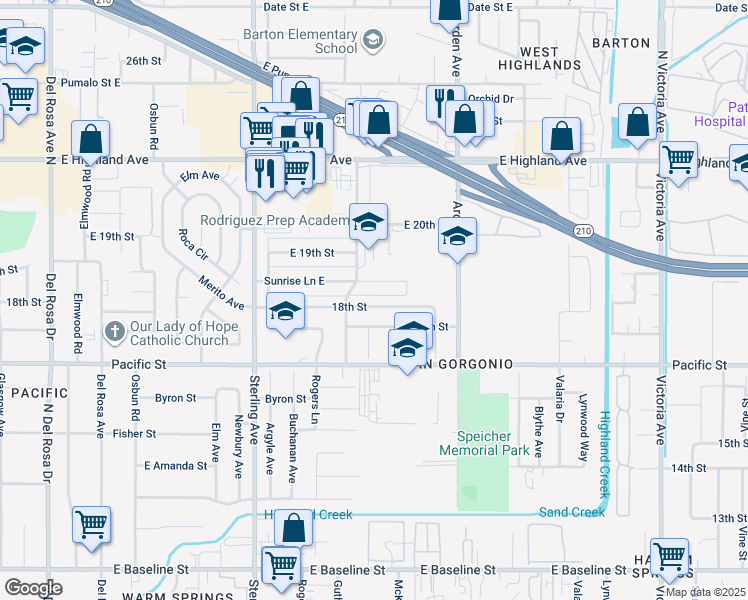 map of restaurants, bars, coffee shops, grocery stores, and more near 2242 18th Street in San Bernardino