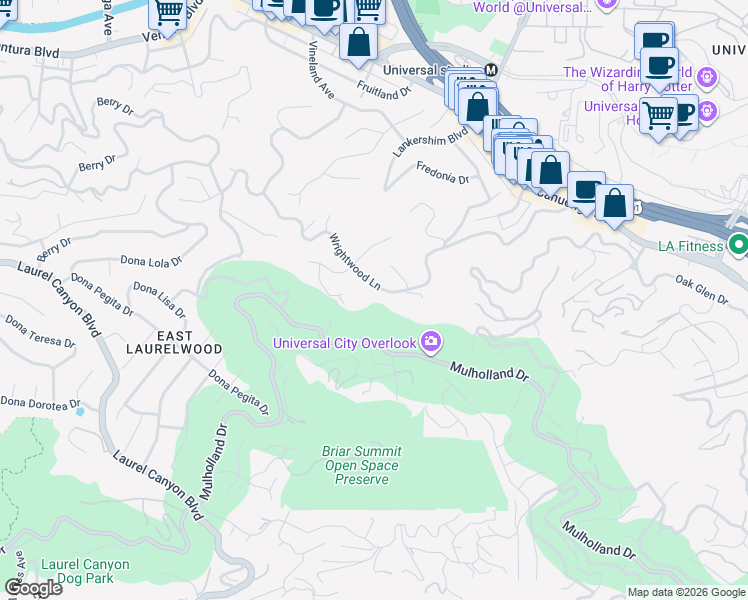map of restaurants, bars, coffee shops, grocery stores, and more near 10844 Wrightwood Lane in Los Angeles