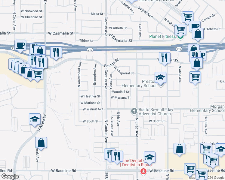 map of restaurants, bars, coffee shops, grocery stores, and more near 19340 Woodhill Street in Rialto