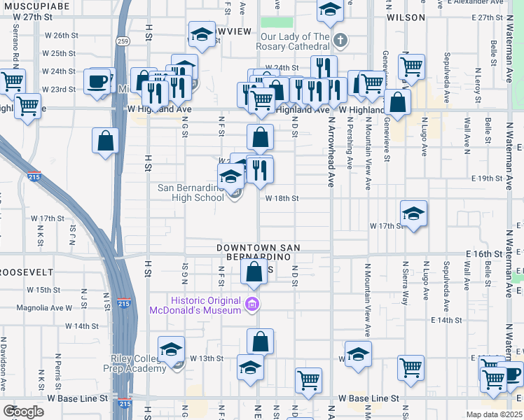 map of restaurants, bars, coffee shops, grocery stores, and more near in San Bernardino