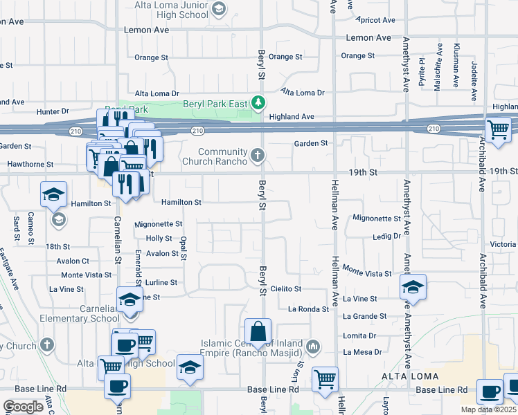 map of restaurants, bars, coffee shops, grocery stores, and more near 9089 Hamilton Street in Rancho Cucamonga