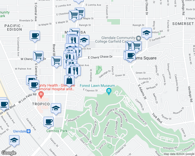 map of restaurants, bars, coffee shops, grocery stores, and more near 1265 Oakridge Drive in Glendale