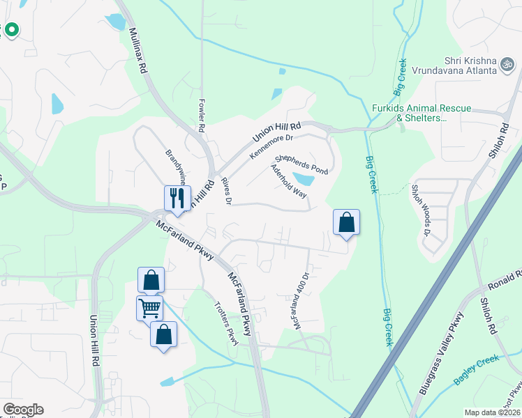 map of restaurants, bars, coffee shops, grocery stores, and more near 5850 Rives Drive in Alpharetta