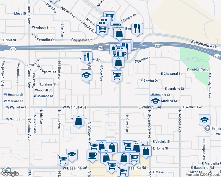 map of restaurants, bars, coffee shops, grocery stores, and more near 186 West Walnut Avenue in Rialto