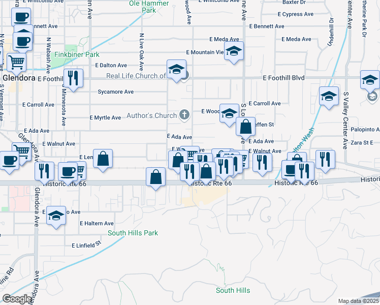 map of restaurants, bars, coffee shops, grocery stores, and more near 360 South Elwood Avenue in Glendora