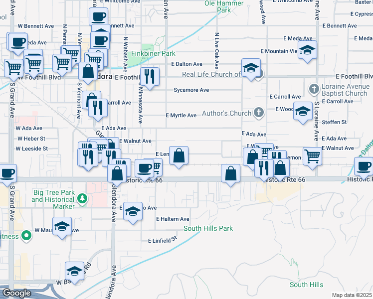 map of restaurants, bars, coffee shops, grocery stores, and more near 561 East Lemon Avenue in Glendora