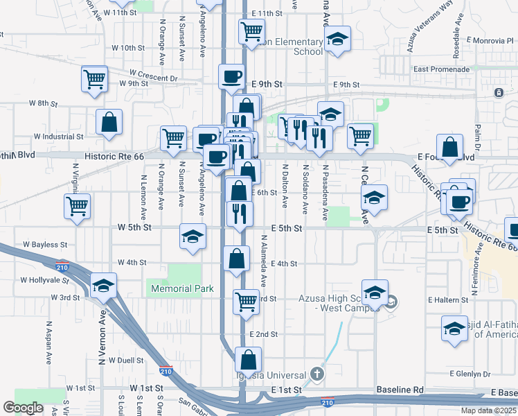 map of restaurants, bars, coffee shops, grocery stores, and more near 534 North Alameda Avenue in Azusa
