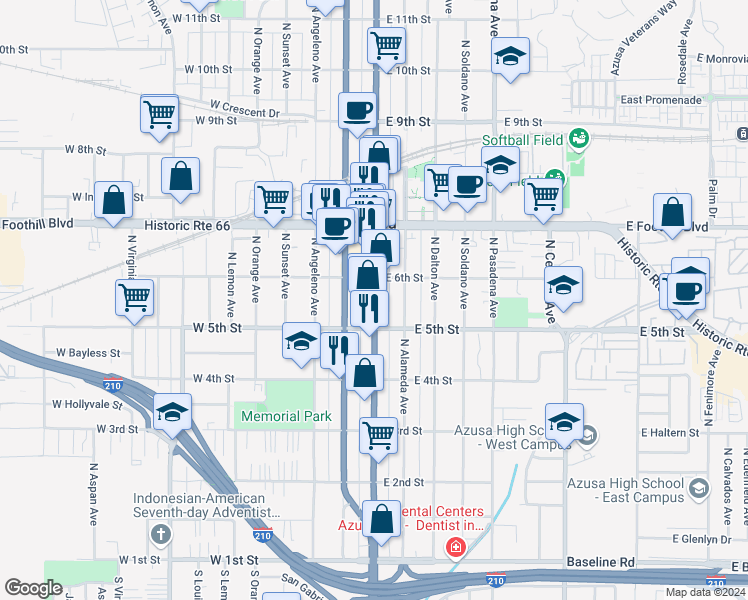 map of restaurants, bars, coffee shops, grocery stores, and more near 532 North Azusa Avenue in Azusa
