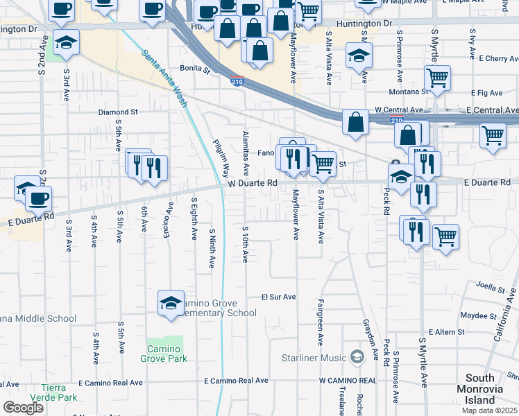 map of restaurants, bars, coffee shops, grocery stores, and more near 537 El Norte Avenue in Monrovia