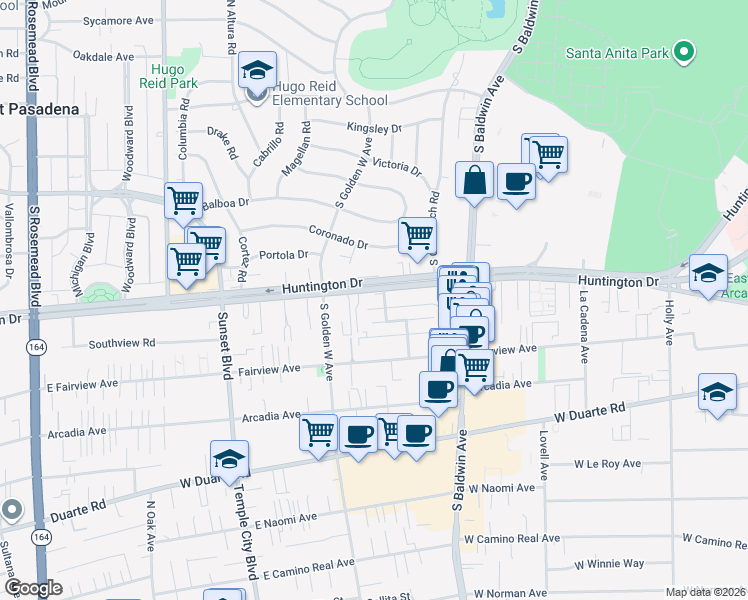 map of restaurants, bars, coffee shops, grocery stores, and more near 832 Huntington Drive in Arcadia