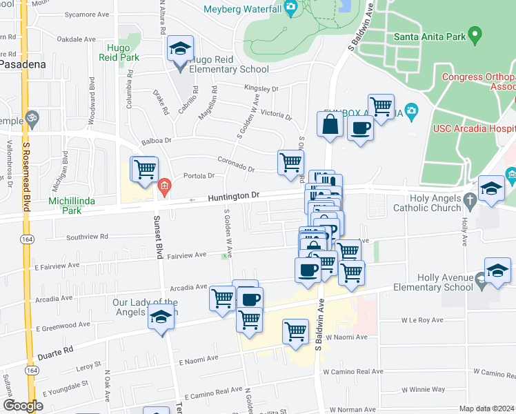 map of restaurants, bars, coffee shops, grocery stores, and more near 832 Huntington Drive in Arcadia